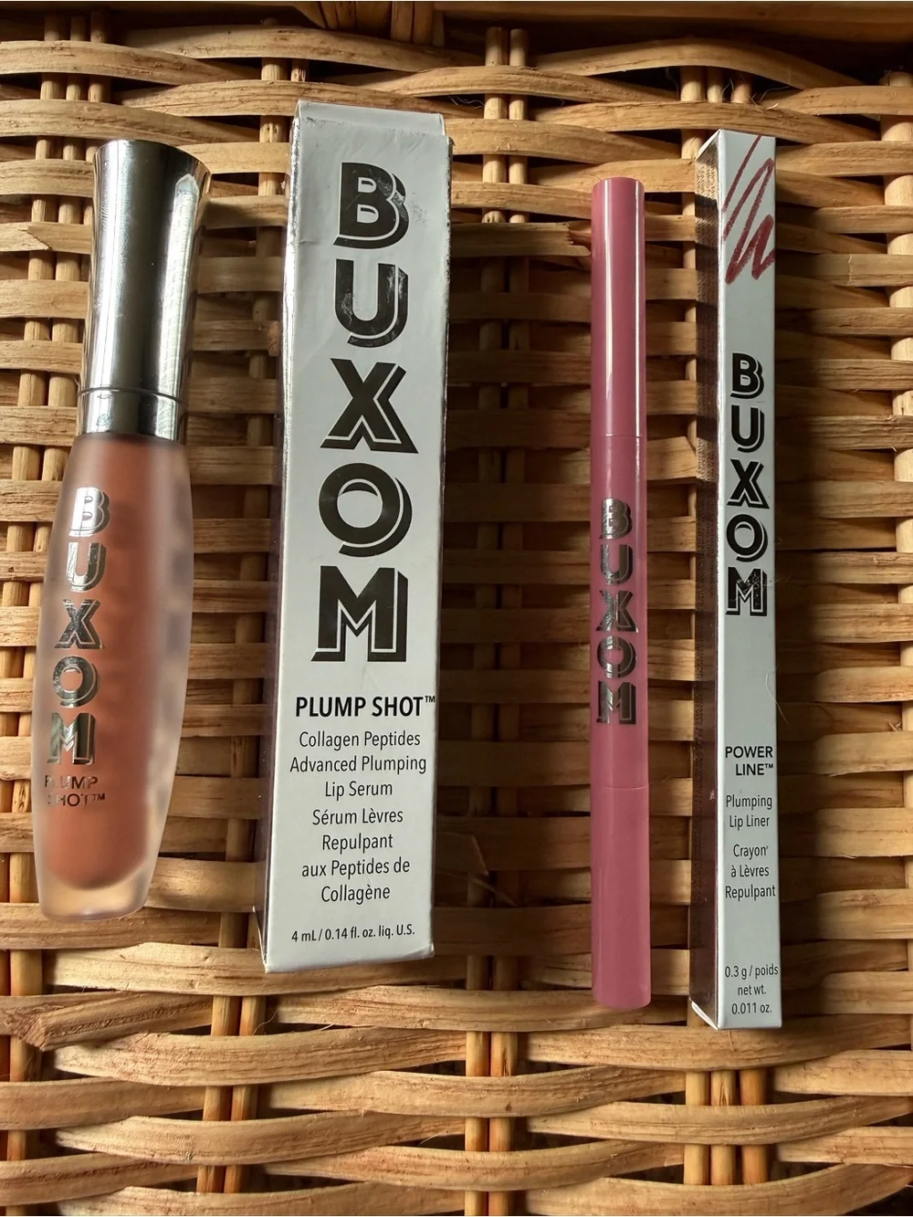 Buxom Plump Shot Lip Serum in Exposed and Power Line Plumping Lip Liner in Dolly